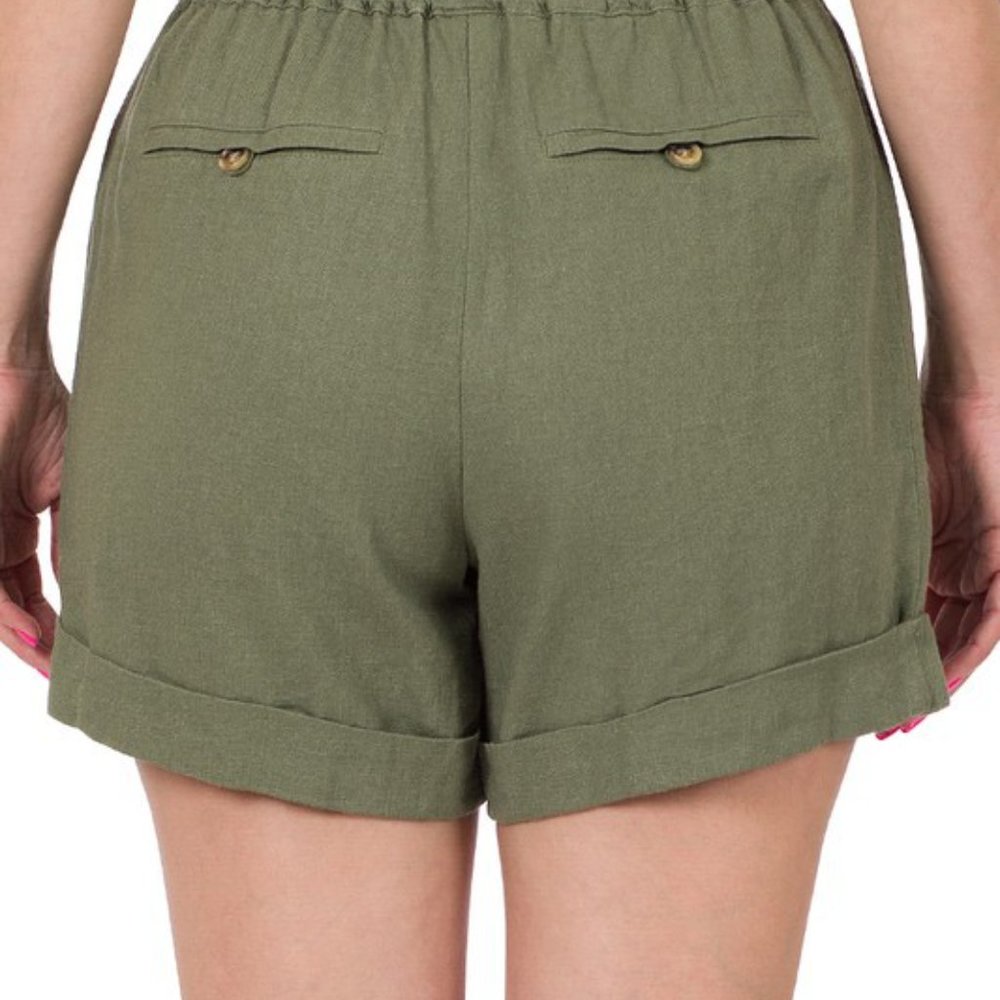 Zenana NWT Linen Drawstring Waist Shorts with Pockets in Light Olive